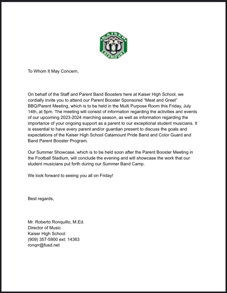 Letter from Mr Ronquillo announcing meeting for band & guard parents on Friday, July 14, 2023, with barbecue and the students performing part of their field show for the parents. 